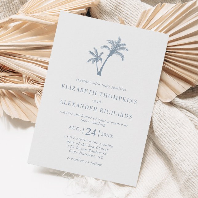 Tropical Beach Palm Tree Dusty Blue Wedding Invitation (Creator Uploaded)