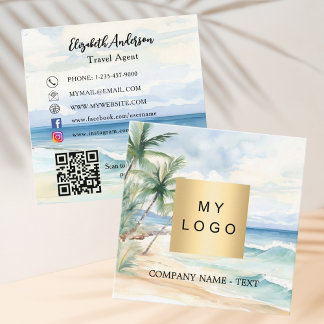 Tropical beach palm tree logo QR code social media Square Business Card