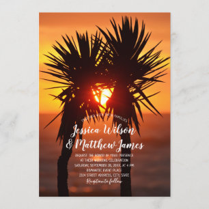 Tropical Beach Palm Tree Ocean Sunset Wedding Invitation