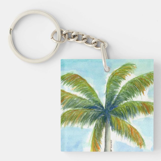 Tropical Beach palm tree on a sunny day Key Ring (Front)