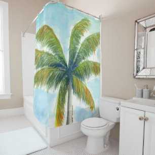 Tropical Beach palm tree on a sunny day Shower Curtain