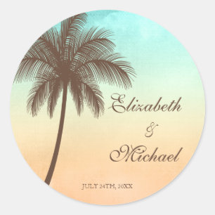 Tropical Beach Palm Tree Round Wedding Favour Labe Classic Round Sticker