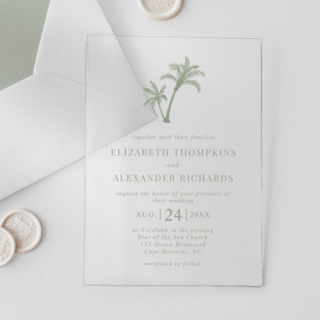 Tropical Beach Palm Tree Sage Green Wedding Acrylic Invitations (Creator Uploaded)