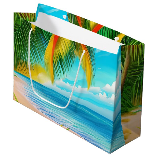 Tropical Beach Palm Tree Scene Large Gift Bag (Front Angled)