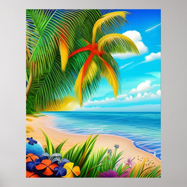 Tropical Beach Palm Tree Scene Poster (Front)