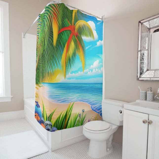 Tropical Beach Palm Tree Scene Shower Curtain (In Situ)
