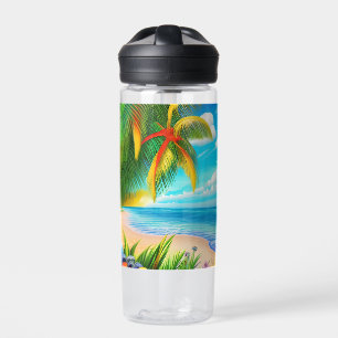 Tropical Beach Palm Tree Scene Water Bottle