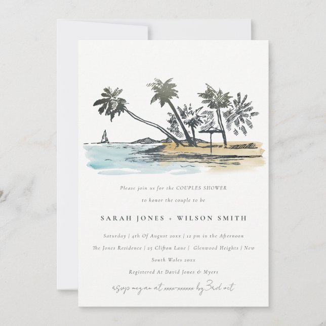 Tropical Beach Palm Tree Sketch Couples Shower Invitation (Front)