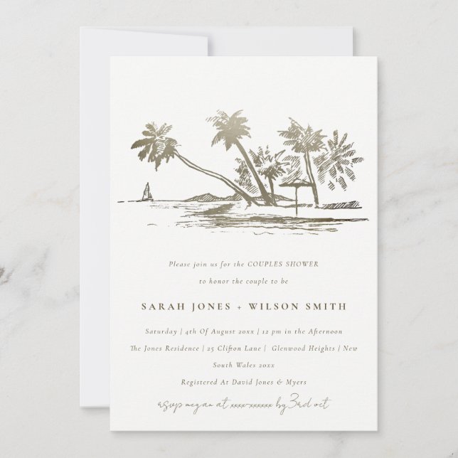 Tropical Beach Palm Tree Sketch Couples Shower Invitation (Front)
