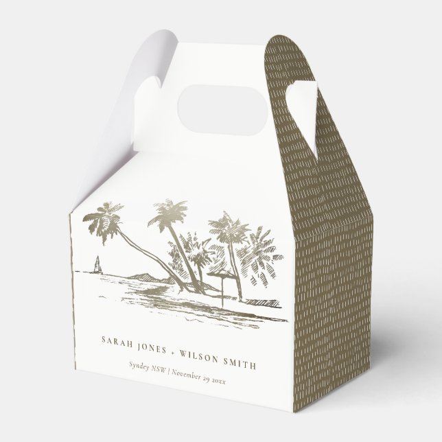 Tropical Beach Palm Tree Sketch Pale Gold Wedding Favour Box (Front Side)