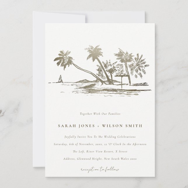 Tropical Beach Palm Tree Sketch Pale Gold Wedding Invitation (Front)