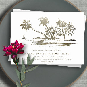 Tropical Beach Palm Tree Sketch Pale Gold Wedding Invitation