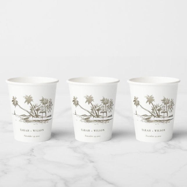 Tropical Beach Palm Tree Sketch Pale Gold Wedding Paper Cups (Multi)