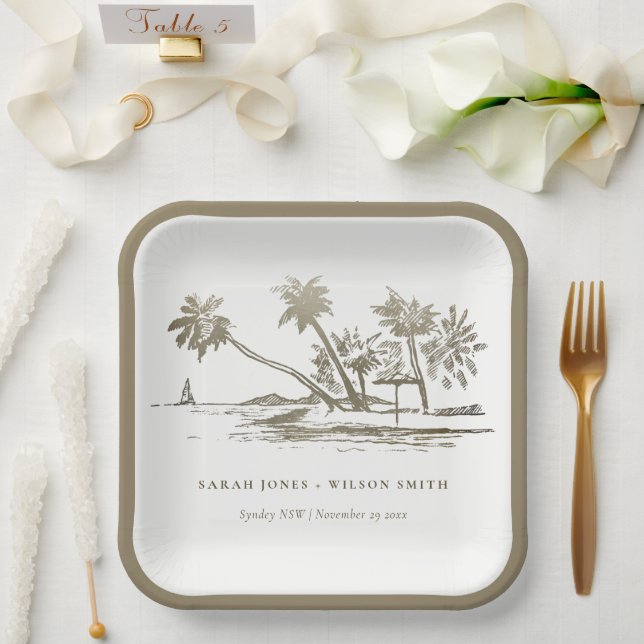 Tropical Beach Palm Tree Sketch Pale Gold Wedding Paper Plate (Wedding)