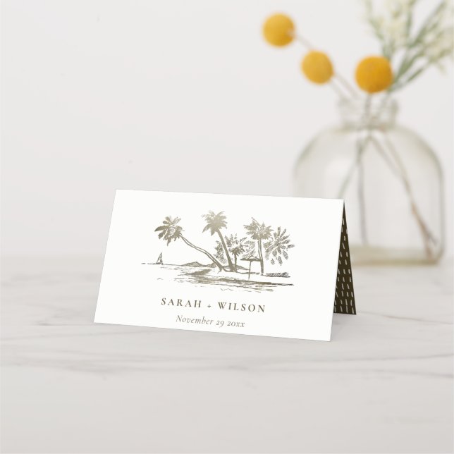 Tropical Beach Palm Tree Sketch Pale Gold Wedding Place Card (Front)