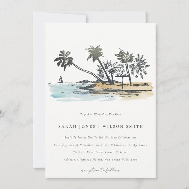 Tropical Beach Palm Tree Sketch Watercolor Wedding Invitation (Front)