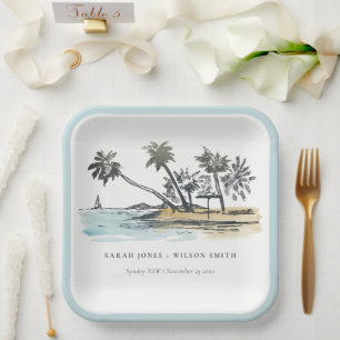 Tropical Beach Palm Tree Sketch Watercolor Wedding Paper Plate