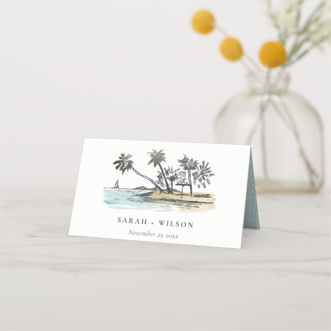 Tropical Beach Palm Tree Sketch Watercolor Wedding Place Card (Front)