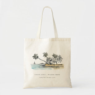 Tropical Beach Palm Tree Sketch Watercolor Wedding Tote Bag