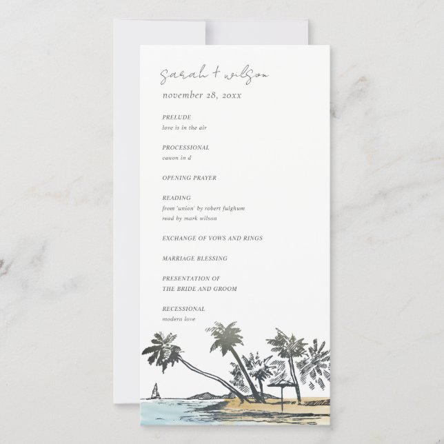 Tropical Beach Palm Tree Sketch Wedding Program Thank You Card (Front)