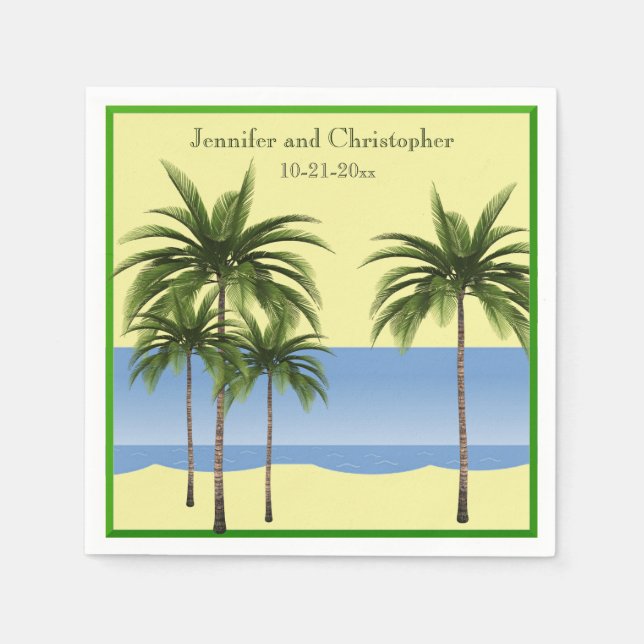 Tropical Beach Palm Tree Summer Ocean Wedding Name Napkin (Front)