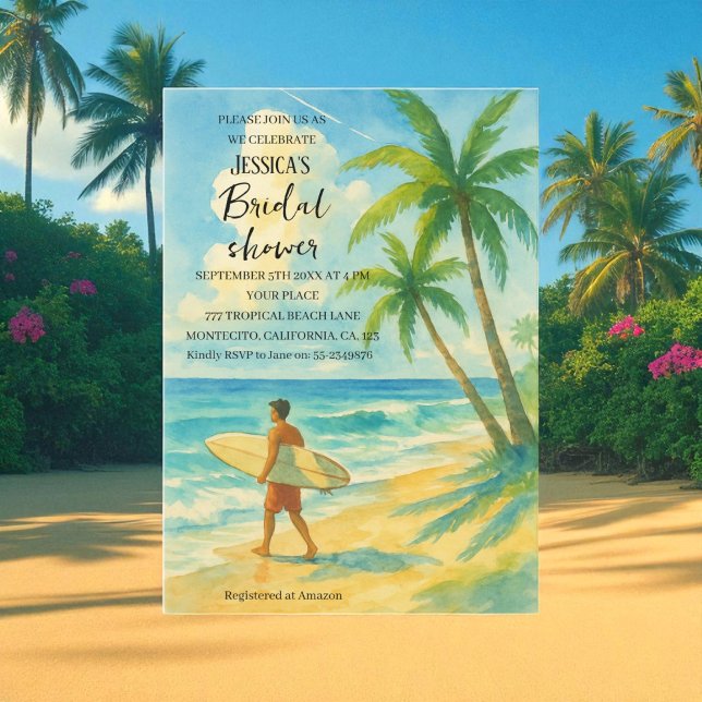 Tropical Beach Palm Tree Surfing Bridal Shower Invitation (Creator Uploaded)