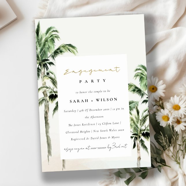 Tropical Beach Palm Tree Watercolor Engagement Invitation (Creator Uploaded)