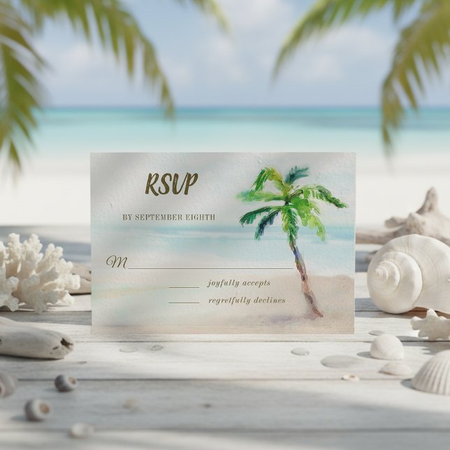 Tropical Beach Palm Tree Watercolor Wedding RSVP Card (Creator Uploaded)