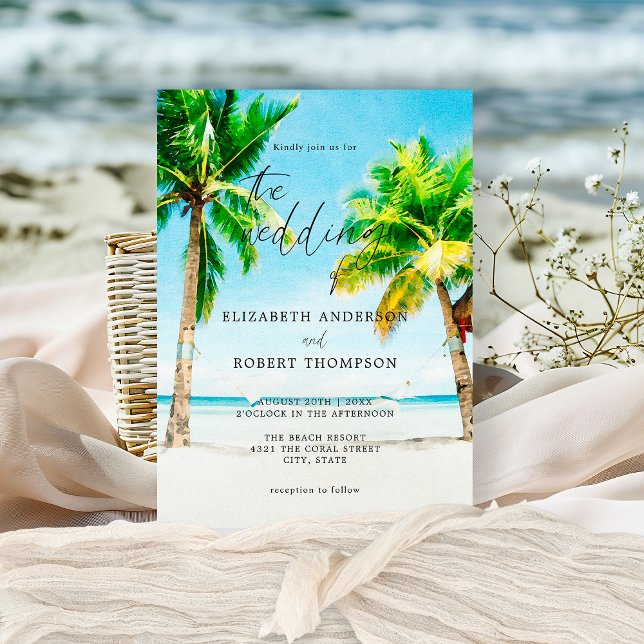 Tropical Beach Palm Tree Wedding Destination Invitation (Creator Uploaded)