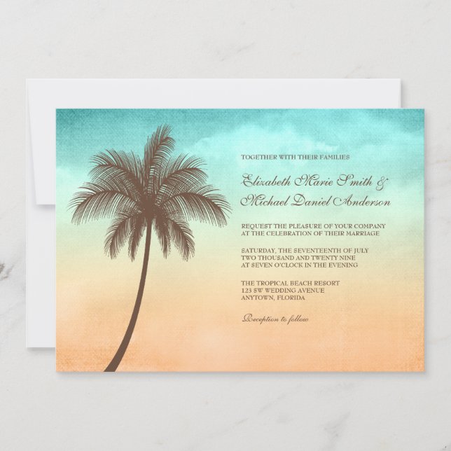 Tropical Beach Palm Tree Wedding Invitations (Front)