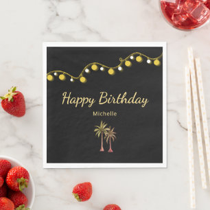 Tropical Beach Palm Trees Black Birthday Party Napkin