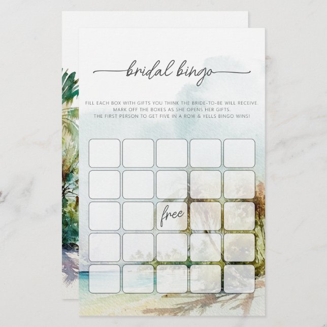 Tropical Beach Palm Trees Bridal Bingo Game  (Front/Back)
