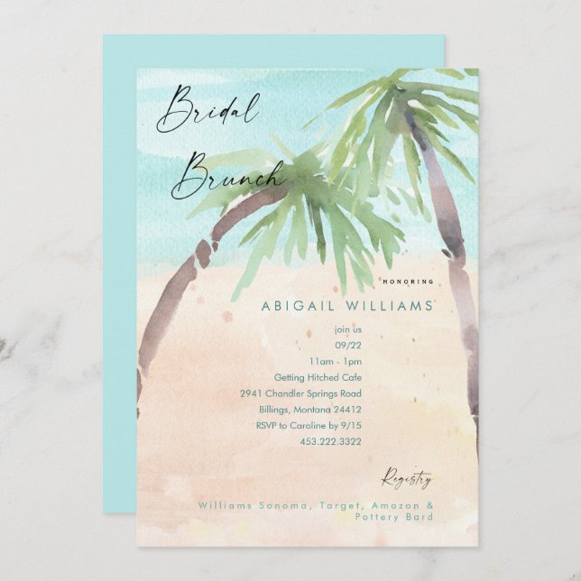 Tropical Beach Palm Trees Bridal Brunch Invitation (Front/Back)