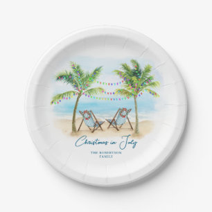 Tropical Beach Palm Trees Christmas in July Paper Plate