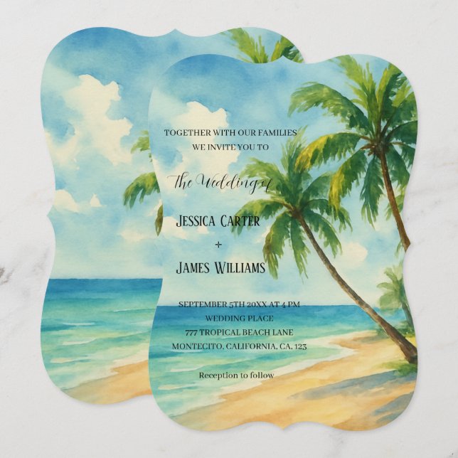Tropical Beach Palm Trees Destination Wedding Invitation (Front/Back)