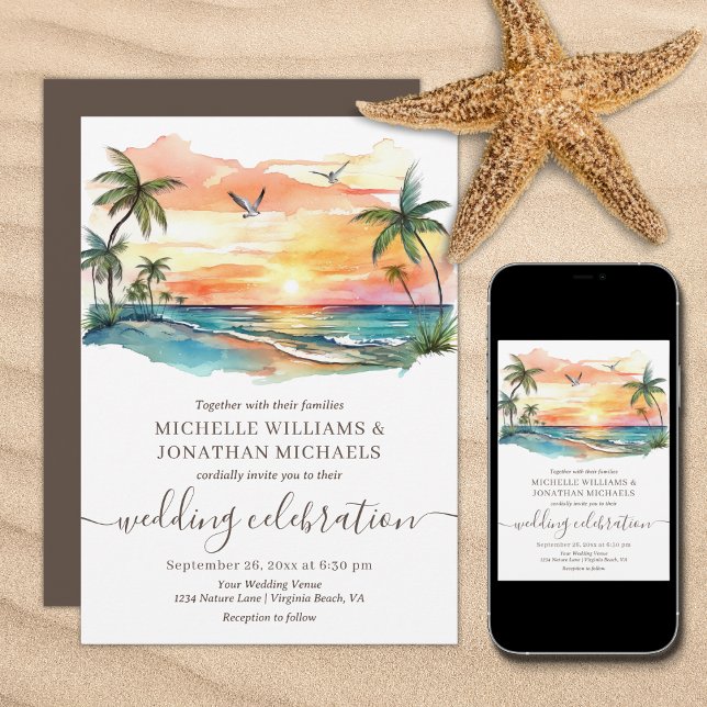 Tropical Beach Palm Trees Destination Wedding Invitation (Tropical Beach Palm Trees Destination Wedding Invitation - Printed and Digital)