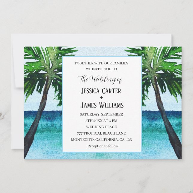 Tropical Beach Palm Trees Destination Wedding Invitation (Front)