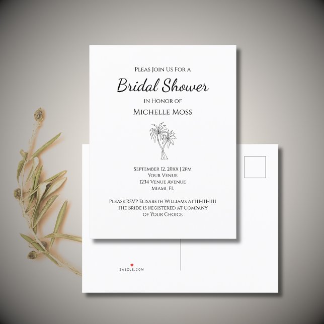 Tropical Beach Palm Trees Elegant Bridal Shower Invitation Postcard (Creator Uploaded)