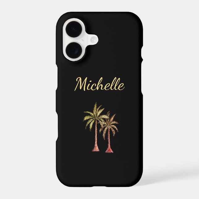 Tropical Beach Palm Trees Gold Script Black (Back)