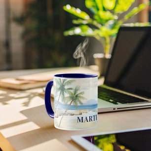 Tropical beach palm trees name blue mug