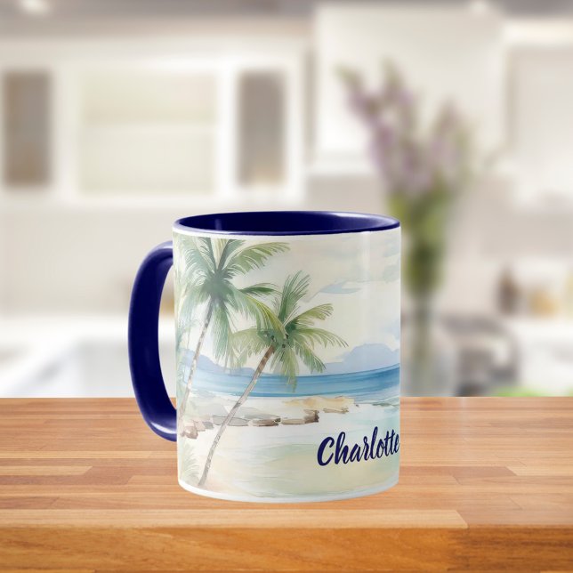 Tropical beach palm trees name blue summer mug (Creator Uploaded)