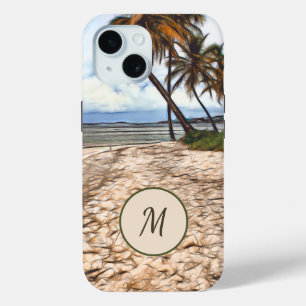 Tropical Beach Palm Trees Ocean Monogram iPhone 15 Case