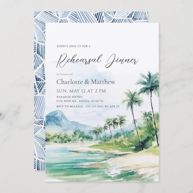 Tropical Beach Palm Trees Rehearsal Dinner Invitation (Front/Back)