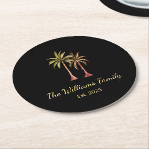 Tropical Beach Palm Trees Simple Summer Black Round Paper Coaster