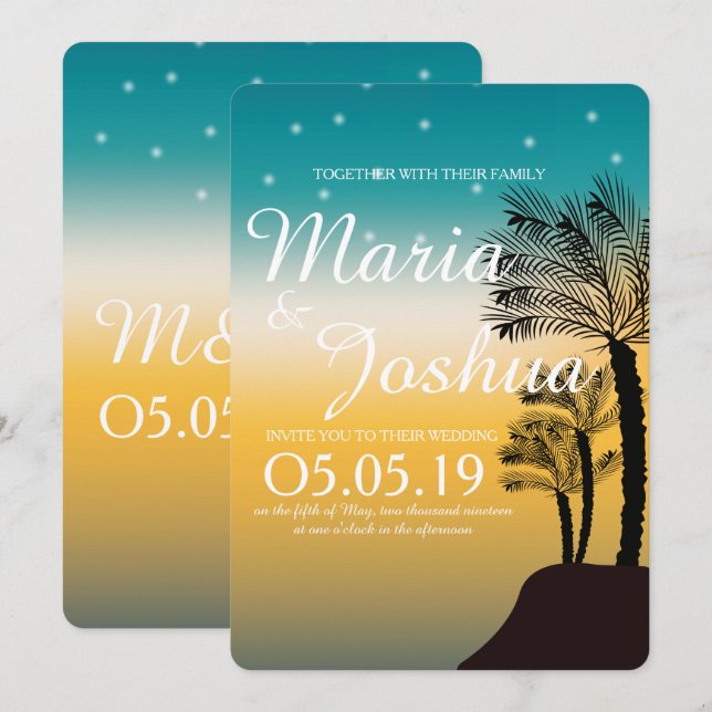 Tropical Beach Palm Trees Starry Lights Wedding Invitation (Front/Back)