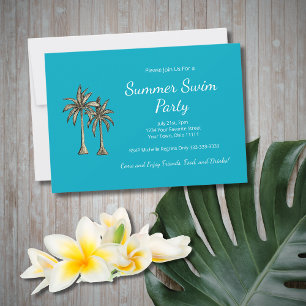 Tropical Beach Palm Trees Trendy Teal Pool Party Invitation