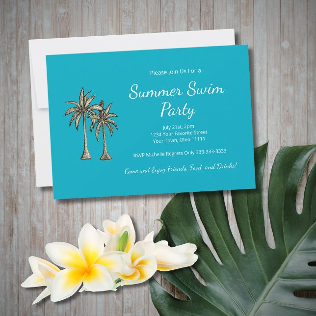 Tropical Beach Palm Trees Trendy Teal Pool Party Invitation (Creator Uploaded)