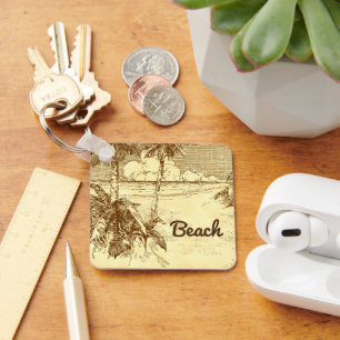 Tropical Beach Palm Trees Vintage Art Editable Key Ring