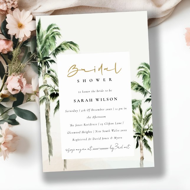 Tropical Beach Palm Trees Watercolor Bridal Shower Invitation (Creator Uploaded)