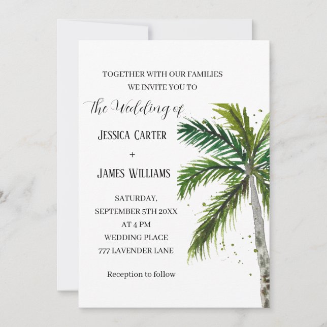 Tropical Beach Palm Trees Watercolor Wedding Invitation (Front)